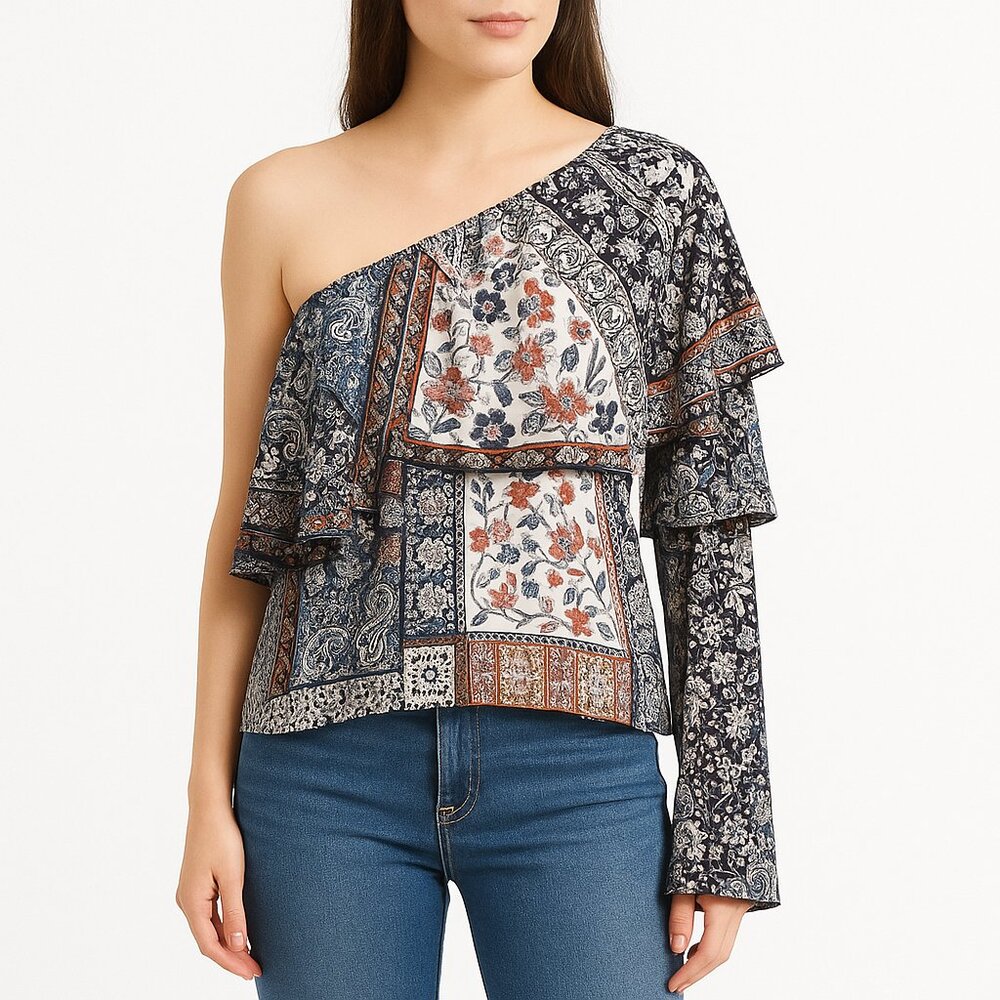 Devlin (NWOT) Women's One Shoulder Ruffle Blouse Boho Patchwork Print XS